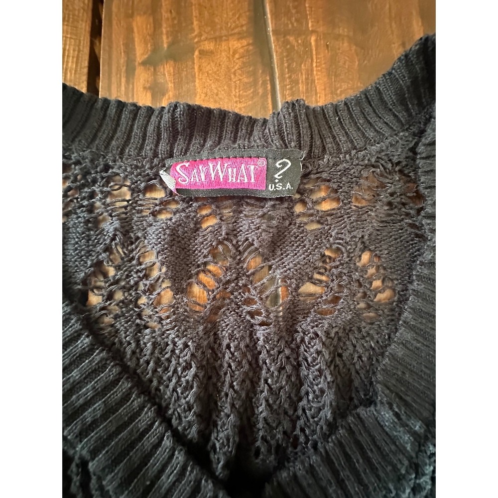 Say What Black Pointelle Knit Cardigan Y2K Cropped Button Front Sweater Large - Picture 3 of 5